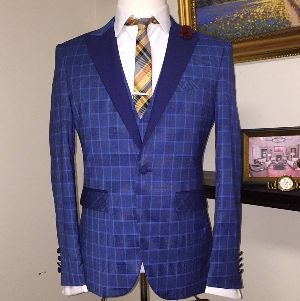3 Piece Men's British Cut Plaid Suit Slim Fit Blue